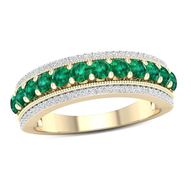 Emerald and 1/6 CT. T.w. Diamond Border Triple Row Vintage-Style Ring in 10K Gold