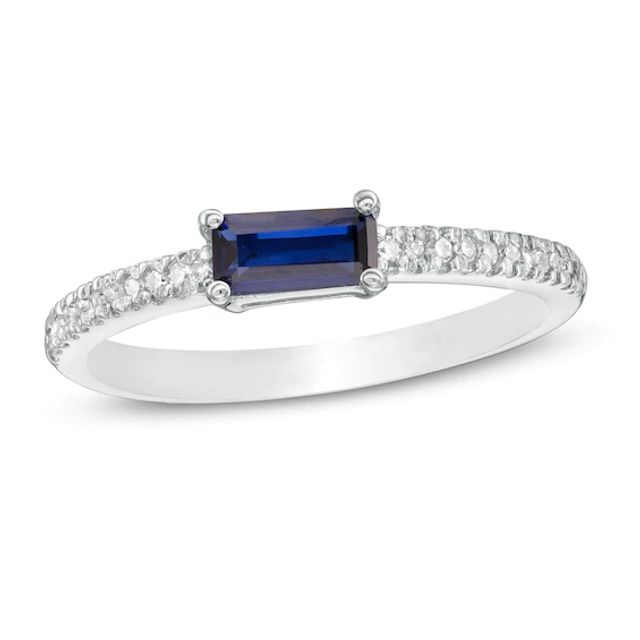 Sideways Baguette Lab-Created Blue Sapphire and 1/10 CT. T.w. Diamond Stackable Ring in 10K White Gold