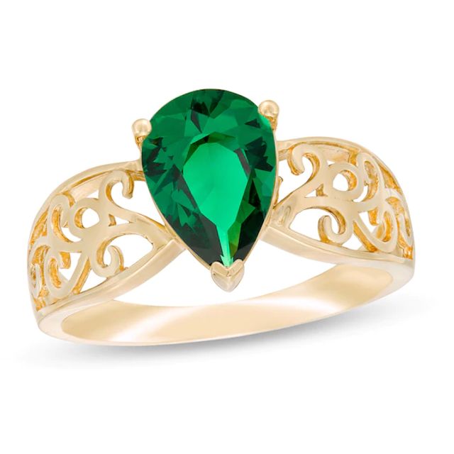 Pear-Shaped Lab-Created Emerald Wide Filigree Ring in 10K Gold