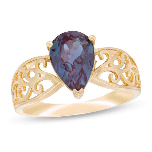 Pear-Shaped Lab-Created Alexandrite Wide Filigree Ring in 10K Gold