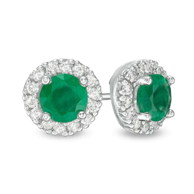 5.0mm Certified Emerald and 1/4 CT. T.w. Diamond Frame Stud Earrings in 14K White Gold