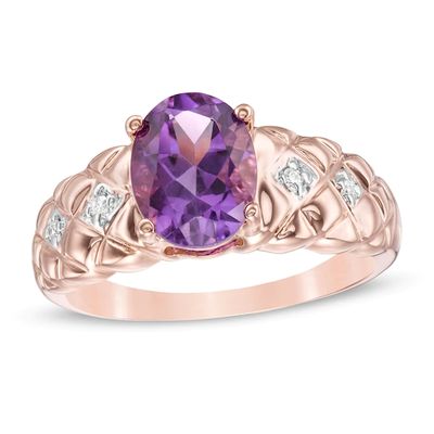 Oval Amethyst and 1/20 CT. T.w. Diamond Quilted Ring in 10K Rose Gold