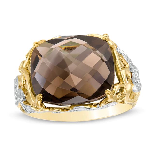 Sideways Cushion-Cut Smoky Quartz Beaded Filigree Ring in 10K Two-Tone Gold