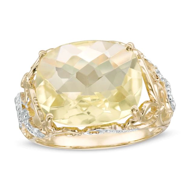 Sideways Cushion-Shaped Lemon Quartz Beaded Filigree Ring in 10K Two-Tone Gold