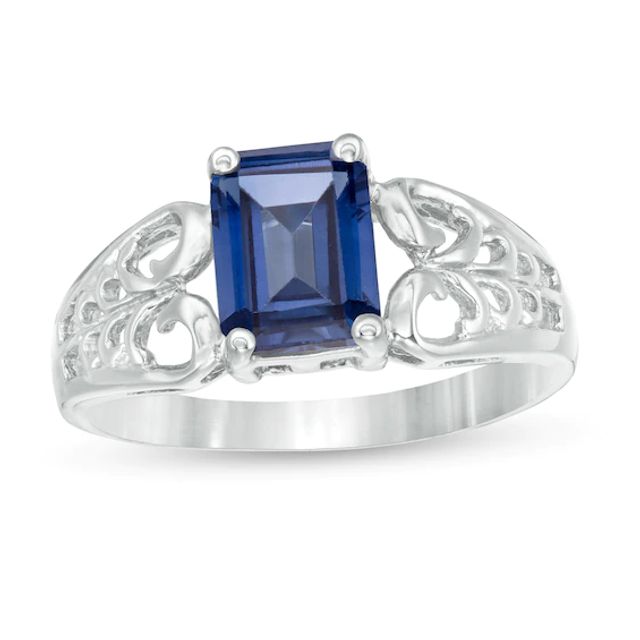 Emerald-Cut Lab-Created Blue Sapphire Open Scroll Ring in 10K White Gold