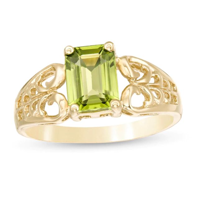Emerald-Cut Peridot Solitaire Open Scroll Ring in 10K Gold