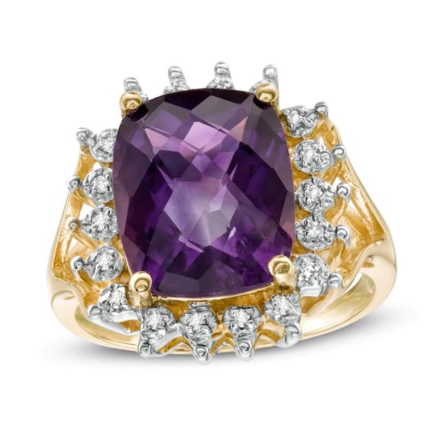 Cushion-Shaped Amethyst and 1/10 CT. T.w. Diamond Starburst Frame Ring in 10K Gold