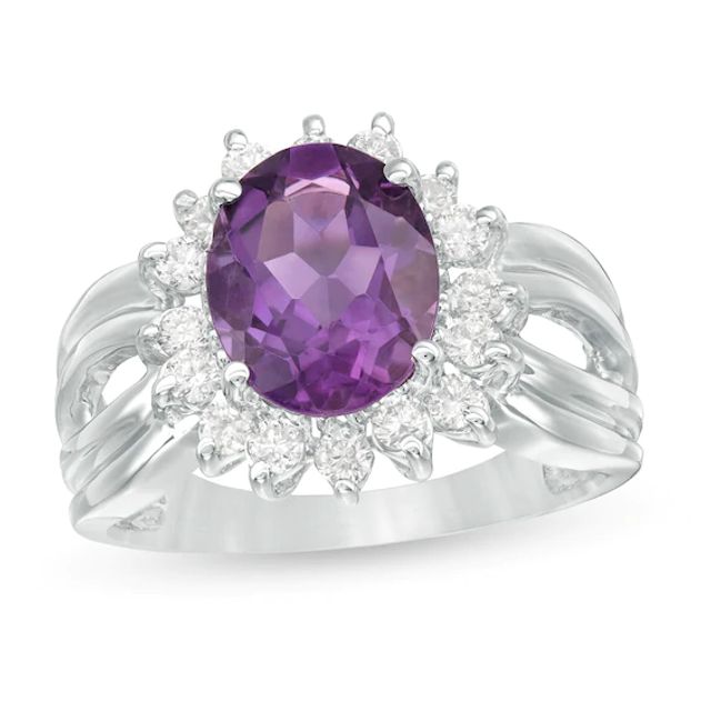 Oval Amethyst and 1/2 CT. T.w. Diamond Starburst Frame Split Shank Ring in 10K White Gold