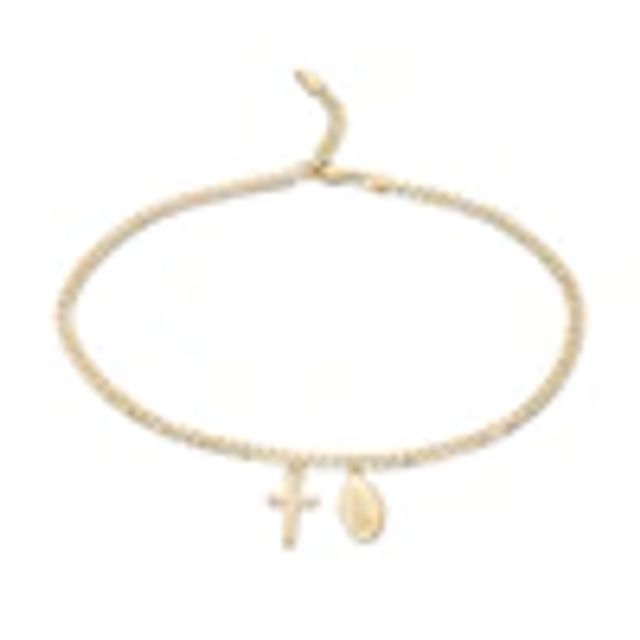 Virgin Mary and Cross Dangle Anklet in 14K Gold - 10"