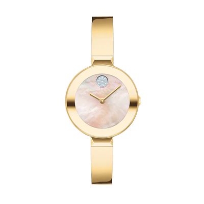 Ladies' Movado BoldÂ®Crystal Gold-Tone Bangle Watch with Transparent Mother-of Pearl Dial (Model: 3600627)