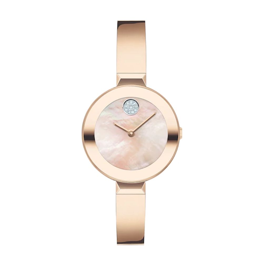 Ladies' Movado BoldÂ®Crystal Rose-Tone Bangle Watch with Transparent Mother-of Pearl Dial (Model: 3600628)