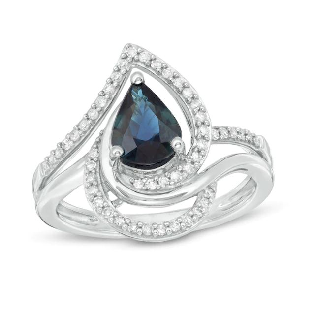 Pear-Shaped Blue Sapphire and 1/4 CT. T.w. Diamond Bypass Split Shank Ring in 10K White Gold