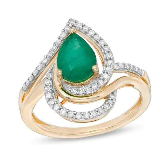 Pear-Shaped Emerald and 1/4 CT. T.w. Diamond Bypass Split Shank Ring in 10K Gold