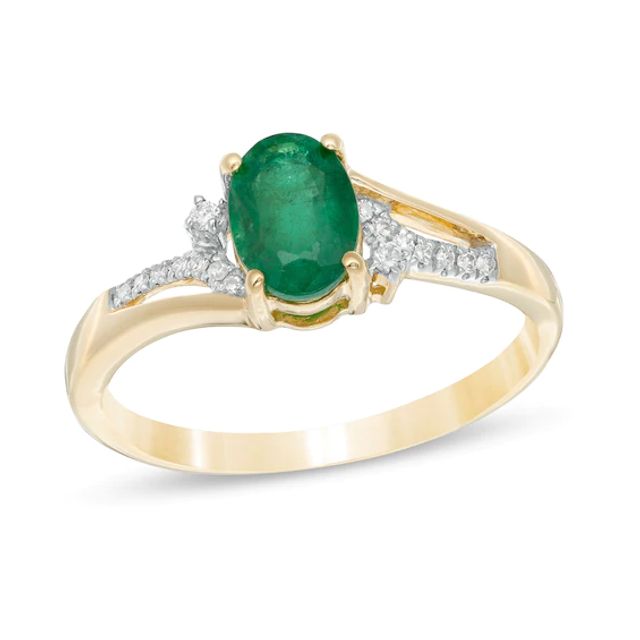 Oval Emerald and 1/20 CT. T.w. Diamond Vintage-Style Split Shank Ring in 10K Gold