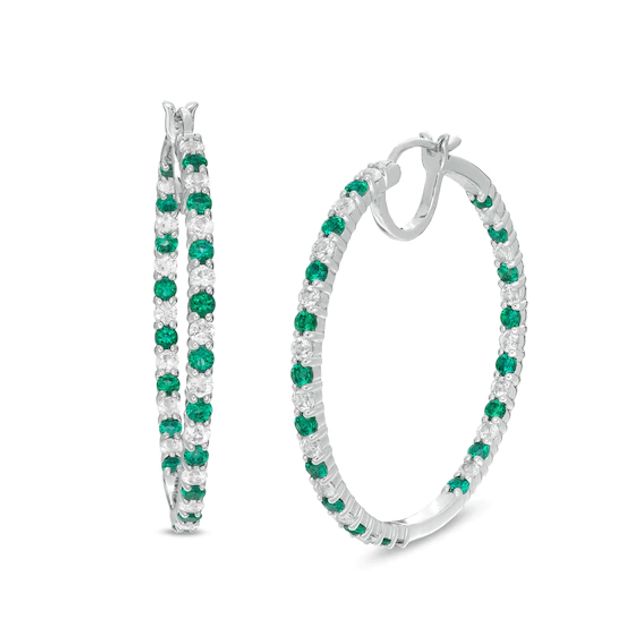 Alternating Lab-Created Emerald and White Sapphire Inside-Out Hoop Earrings in Sterling Silver