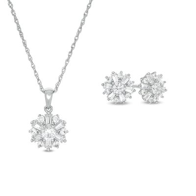 Lab-Created Baguette and Round White Sapphire Starburst Pendant and Stud Earrings Set in Sterling Silver