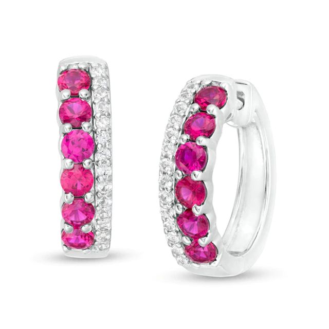 Lab-Created Ruby and White Sapphire Double Row Hoop Earrings in Sterling Silver