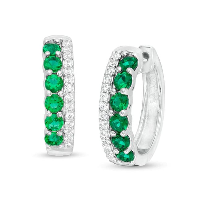Lab-Created Emerald and White Sapphire Double Row Hoop Earrings in Sterling Silver