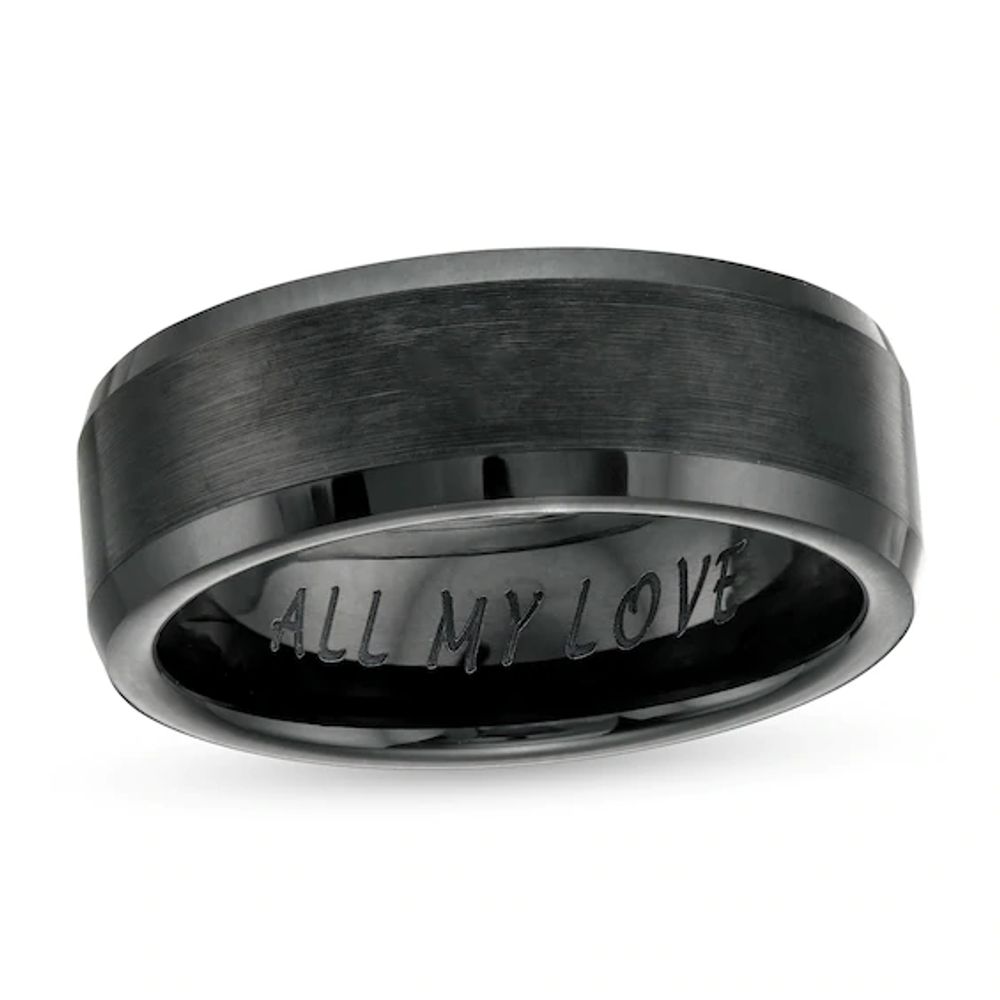 Men's 8.0mm Engravable Multi-Finish Beveled Edge Wedding Band in Black Ceramic (1 Line)