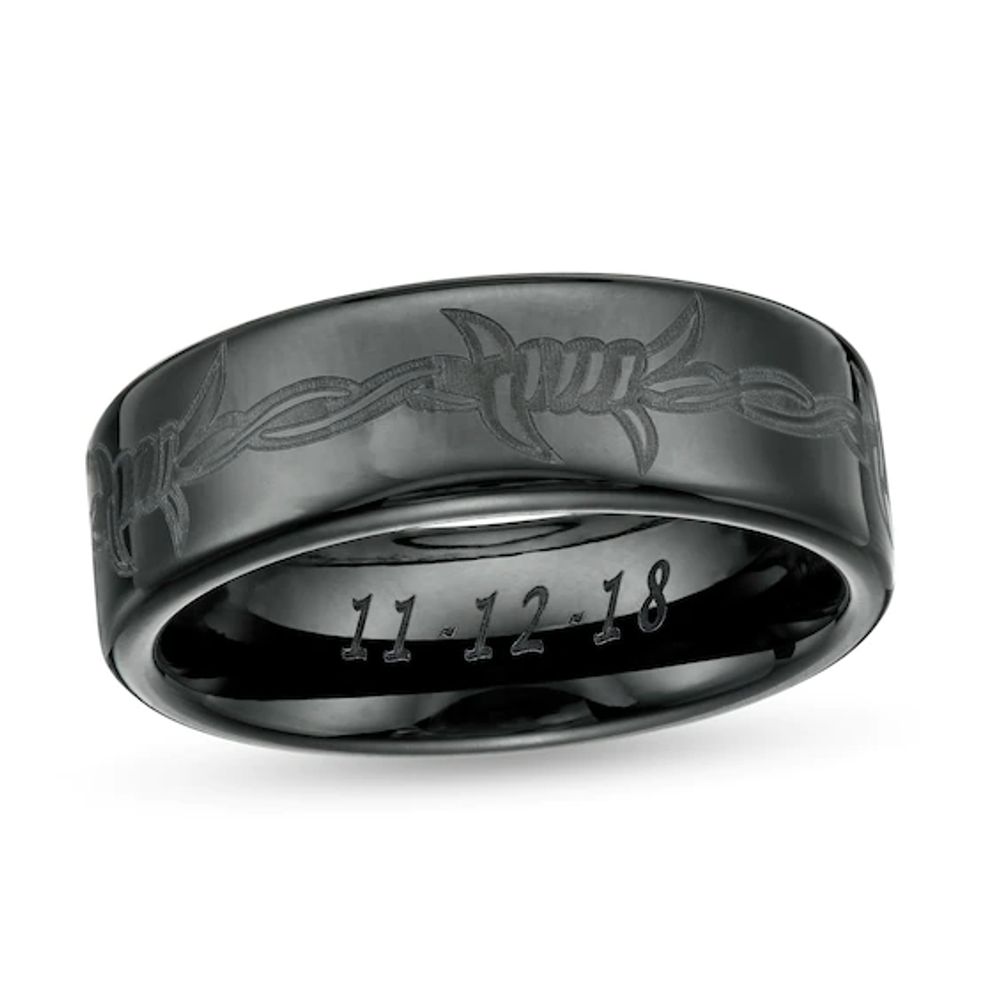 Men's 8.0mm Engravable Barbed Wire Pattern Wedding Band in Black Ceramic (1 Line)