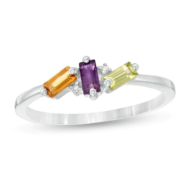 Mother's Baguette Birthstone and Diamond Accent Slant Pattern Ring (2-5 Stones)