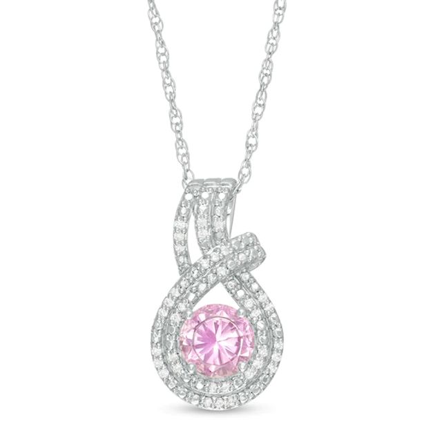 6.0mm Lab-Created Pink Sapphire and 1/10 CT. T.w. Diamond Double Row Teardrop Pendant in Sterling Silver