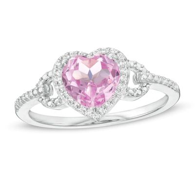 Heart-Shaped Lab-Created Pink Sapphire and 1/15 CT. T.w. Diamond Frame Buckle Ring in Sterling Silver