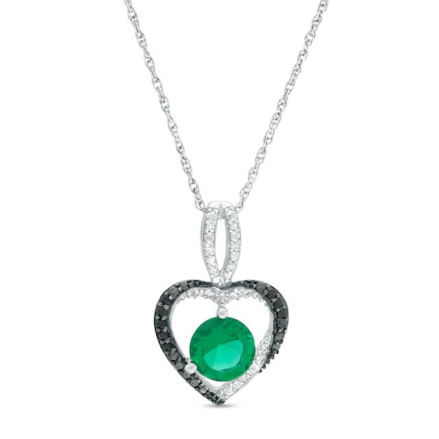 Lab-Created Emerald and 1/15 CT. T.w. Enhanced Black and White Diamond Heart Pendant in Sterling Silver