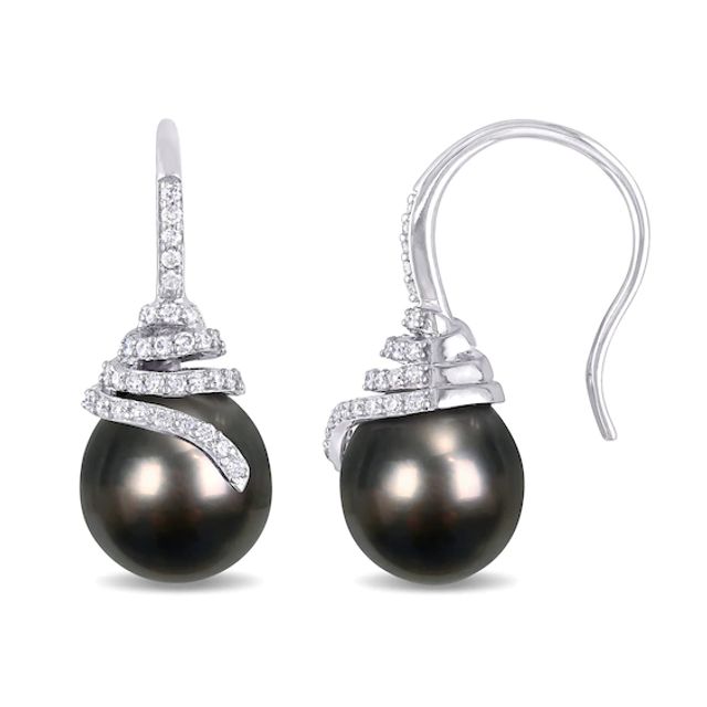 10.0-10.5mm Baroque Black Tahitian Cultured Pearl and 1/3 CT. T.w. Diamond Coil Drop Earrings in 14K White Gold