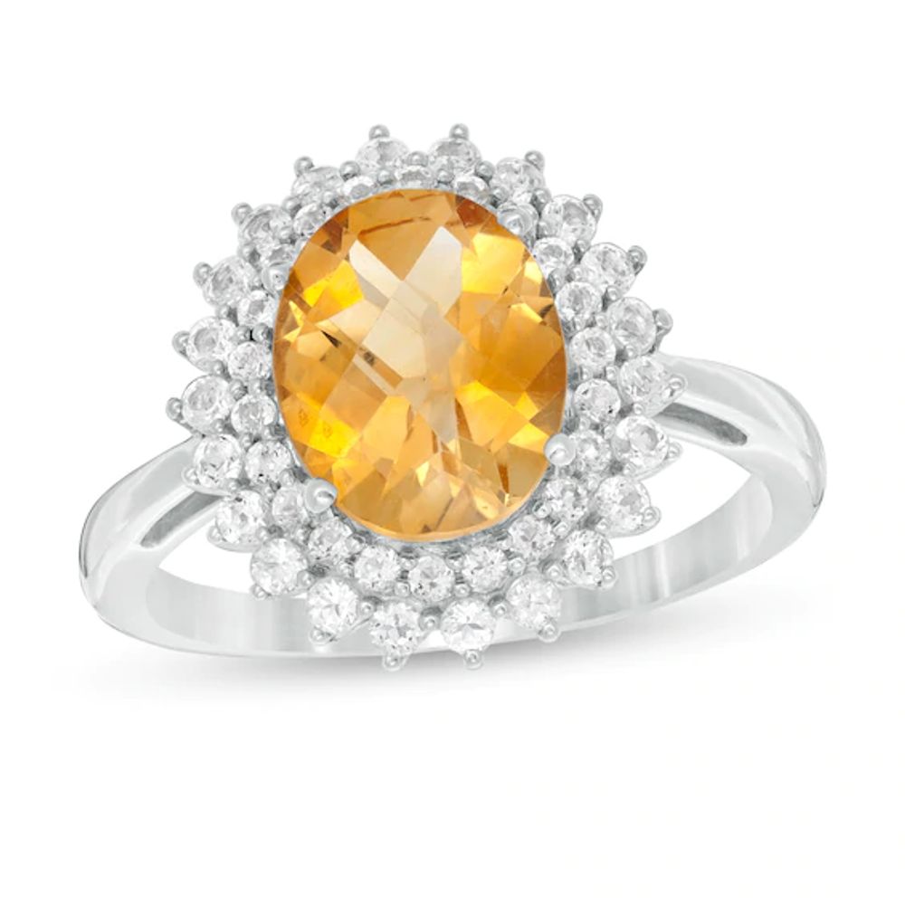 Oval Citrine and White Topaz Starburst Double Frame Ring in Sterling Silver