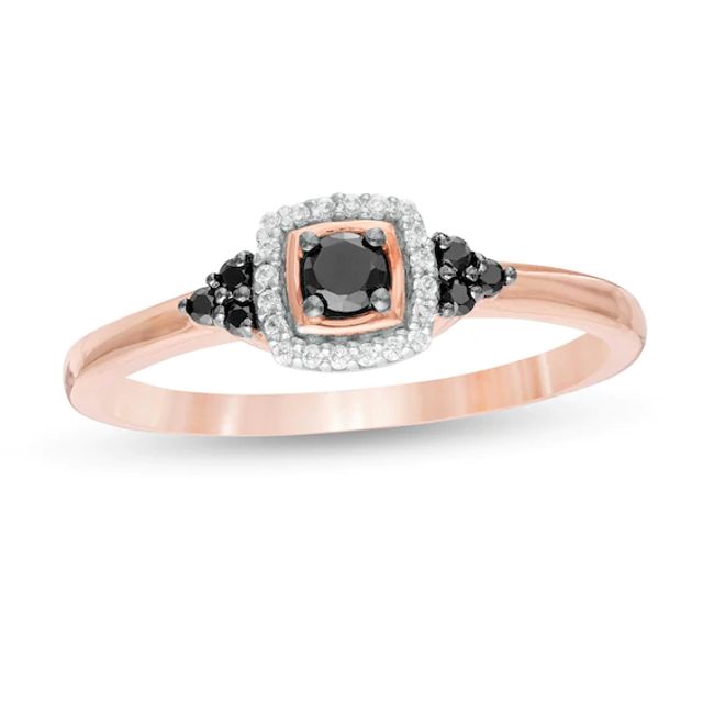 1/5 CT. T.w. Enhanced Black and White Diamond Cushion Frame Tri-Sides Promise Ring in 10K Rose Gold