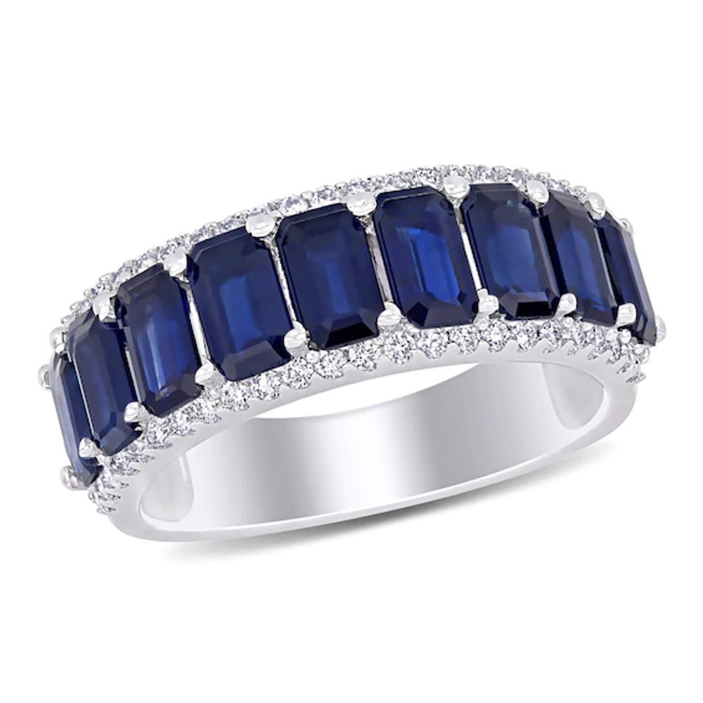 Emerald-Cut Blue Sapphire and 1/4 CT. T.w. Diamond Edge Band in 14K White Gold