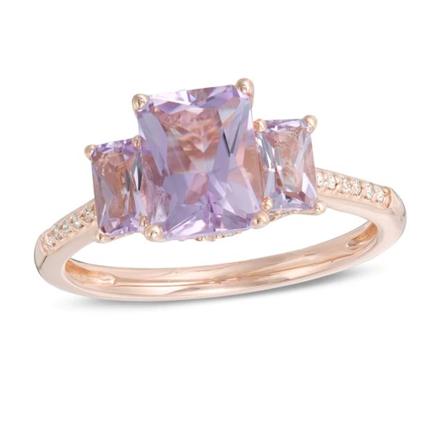 Emerald-Cut Pink Quartz and 1/6 CT. T.w. Diamond Three Stone Ring in 14K Rose Gold - Size 7