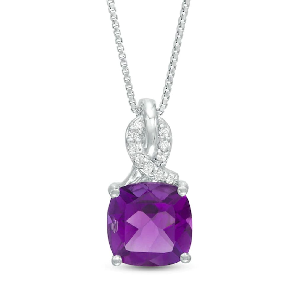 8.0mm Cushion-Cut Amethyst and 1/20 CT. T.w. Diamond Ribbon Top Pendant in Sterling Silver