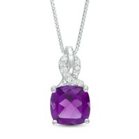 8.0mm Cushion-Cut Amethyst and 1/20 CT. T.w. Diamond Ribbon Top Pendant in Sterling Silver