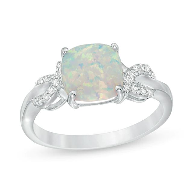 8.0mm Cushion-Cut Lab-Created Opal and 1/10 CT. T.w. Diamond Ribbons Ring Sterling Silver