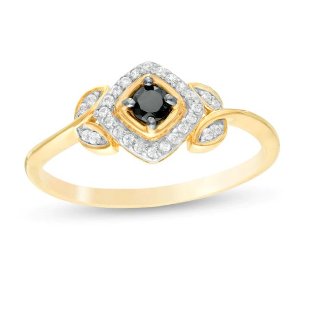 1/5 CT. T.w. Enhanced Black and White Diamond Tilted Cushion Frame Leaf Shank Promise Ring in 10K Gold