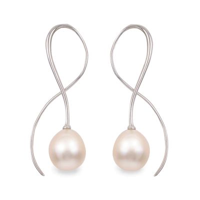 9.0-9.5mm Oval Freshwater Cultured Pearl Swirl Ribbon Threader Earrings in Sterling Silver