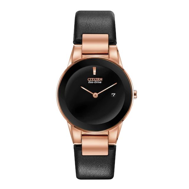 Ladies' Citizen Eco-DriveÂ® Axiom Rose-Tone IP Strap Watch with Black Dial (Model: Ga1058-16E)