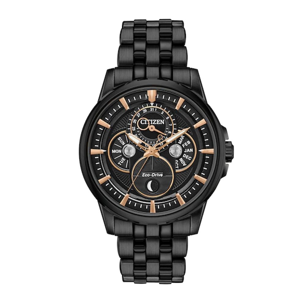 Men's Citizen Eco-DriveÂ® Calendrier Black IP Chronograph Watch with Black Dial (Model: Bu0057-54E)