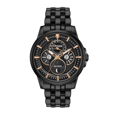 Men's Citizen Eco-DriveÂ® Calendrier Black IP Chronograph Watch with Black Dial (Model: Bu0057-54E)