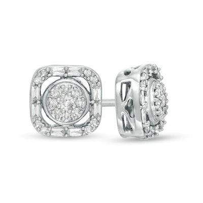 1/4 CT. T.w. Baguette and Round Composite Diamond Cushion Frame Earrings in 10K White Gold