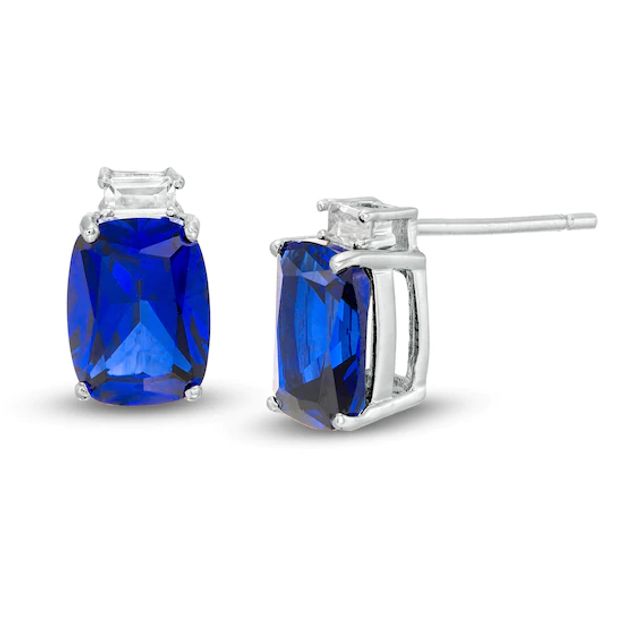 Cushion-Cut Lab-Created Blue and White Sapphire Stud Earrings in Sterling Silver