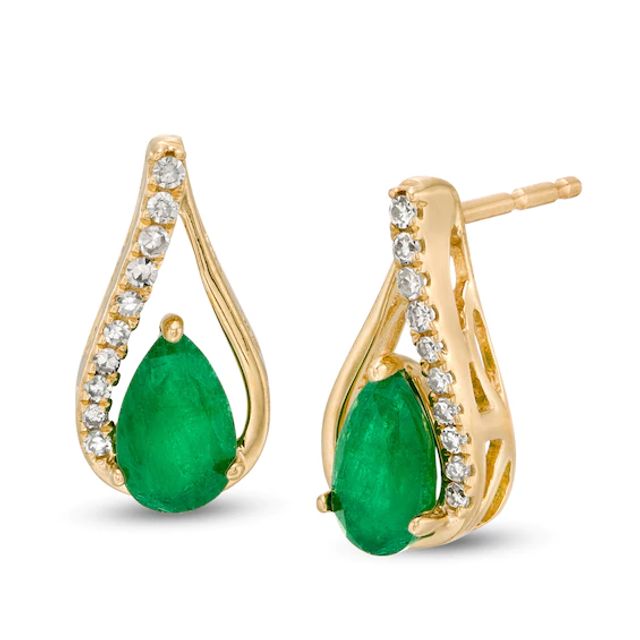 Pear-Shaped Emerald and 1/15 CT. T.w. Diamond Teardrop Earrings in 10K Gold