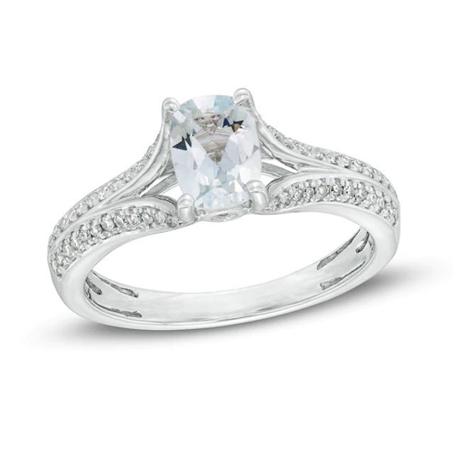 Cushion-Cut Aquamarine and 1/6 CT. T.w. Diamond Double Row Split Shank Ring 10K White Gold