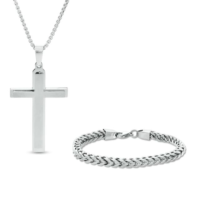 Men's Solid Cross Chain Necklace/Bracelet Set Gold Ion-Plated Stainless  Steel