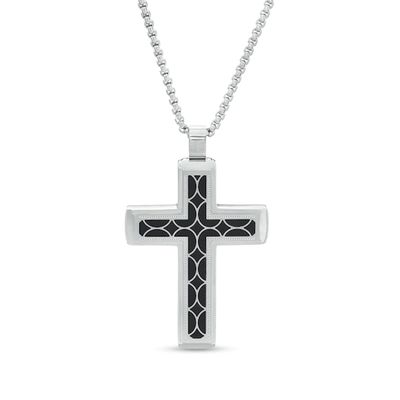 Men's Geometric Pattern Inlay Stepped Edge Cross Pendant in Stainless Steel and Black Resin - 24"