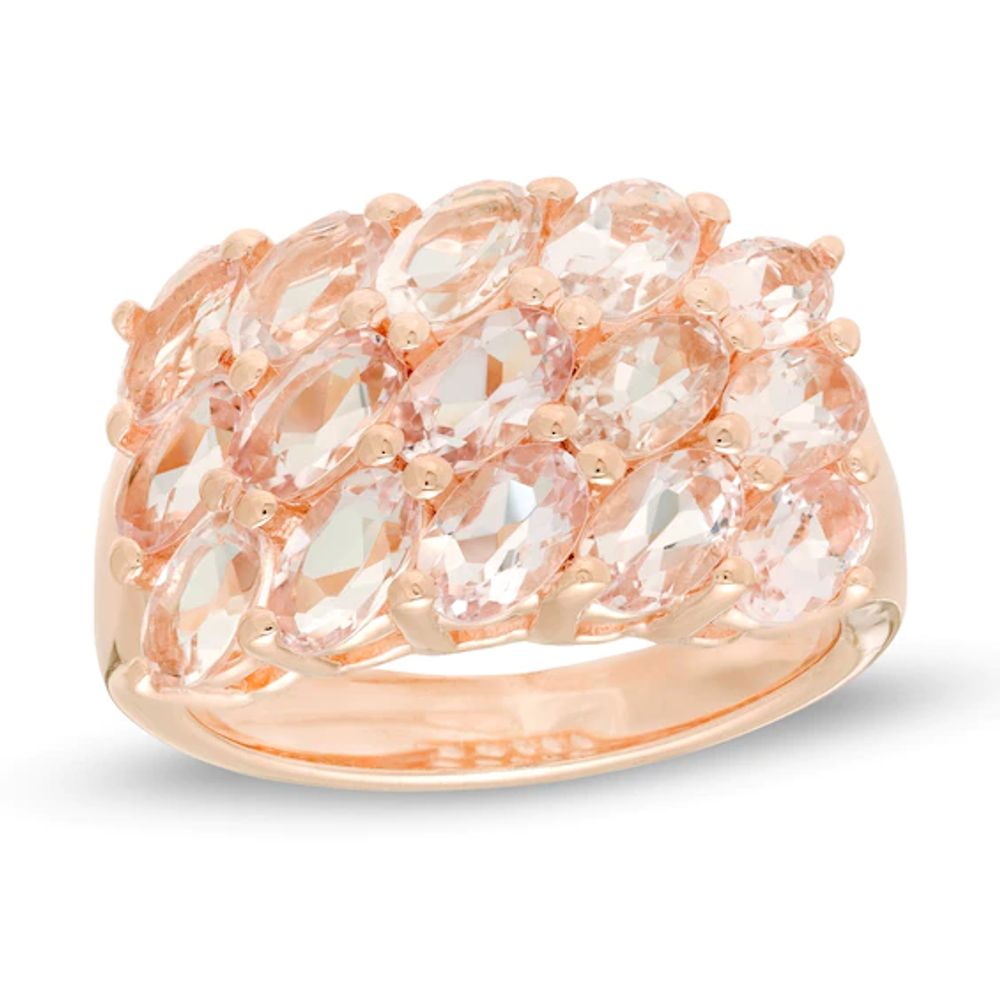 Slanted Oval Morganite Triple Row Ring in Sterling Silver with 14K Rose Gold Plate