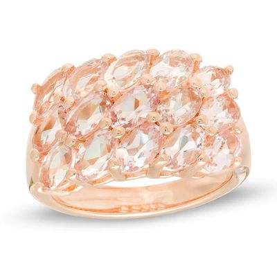 Slanted Oval Morganite Triple Row Ring in Sterling Silver with 14K Rose Gold Plate