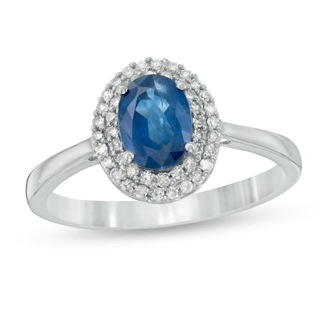 Oval Blue Sapphire and 1/6 CT. T.w. Diamond Double Frame Ring in 10K White Gold